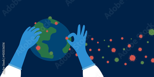 paramedic hands in gloves, personal protective equipment(PPE) fighting coronavirus in outer space to prevent spread of COVID-19 and save the world, concept of healthcare in pandemic situation.