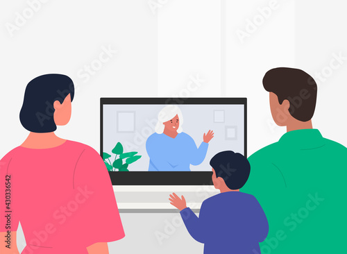 Fototapeta Naklejka Na Ścianę i Meble -  Video call with grandmother. Mom, dad and kid. Talking with adult kids. Lockdown isolation. Vector
