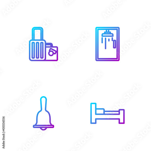 Set line Hotel room bed, service bell, Suitcase and Shower cabin. Gradient color icons. Vector