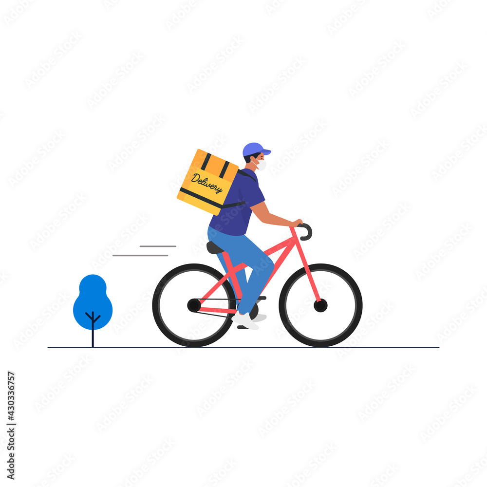 Fototapeta premium Bicycle delivery man. Safe food delivery during quarantine lockdown. Vector