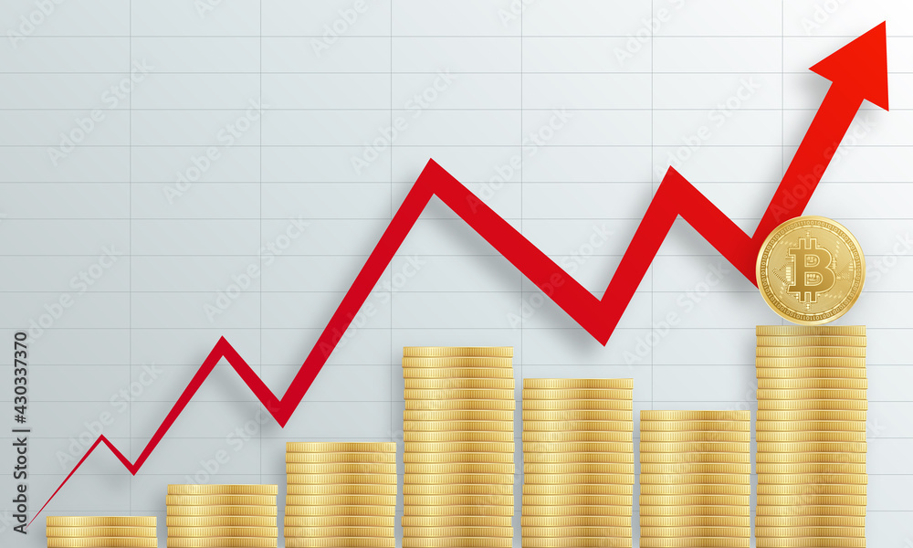 Cryptocurrency mining coin is going up. Abstract financial arrow graph with money coins in light background. Cryptocurrency mining coin is going up. Abstract financial arrow graph with money coins in light background.