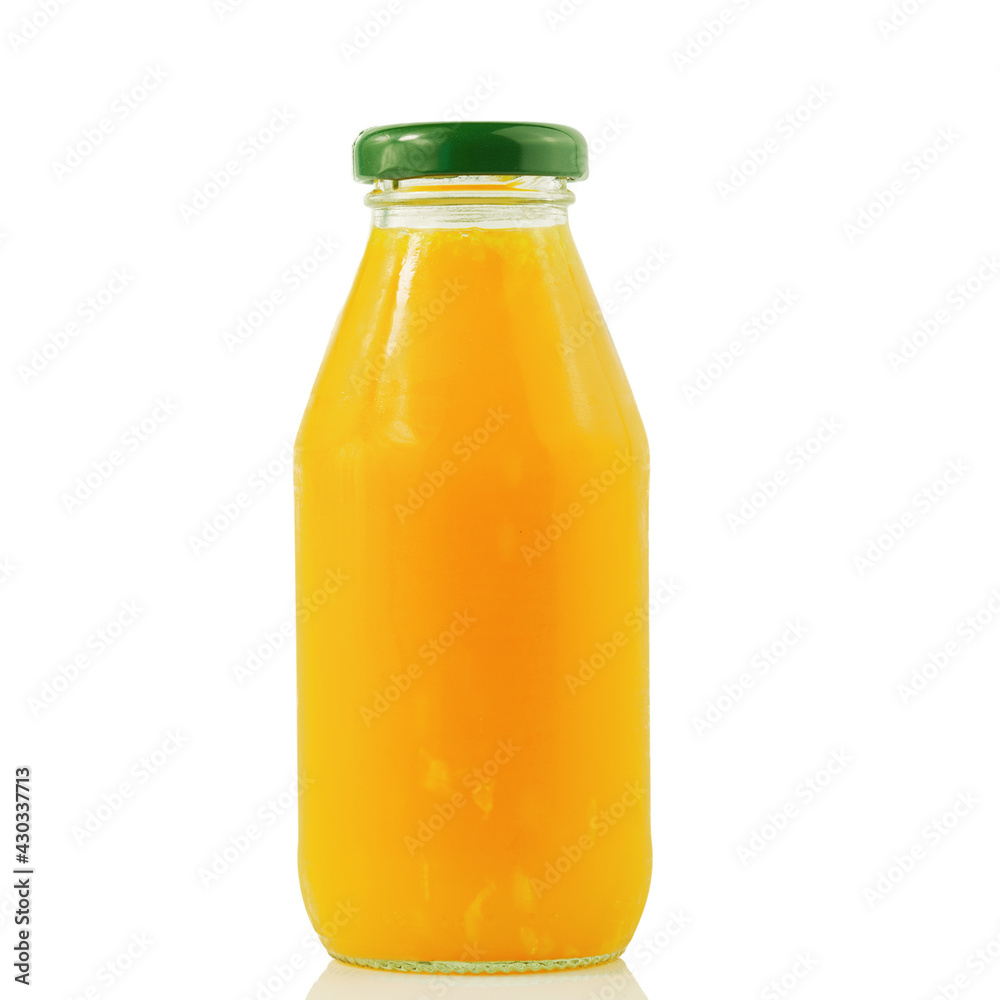 100% fresh-squeezed orange juice in a glass bottle with a green lid With orange texture isolated on white background Concept of how to live with a natural cold drink containing vitamin C, packaged pro 100% fresh-squeezed orange juice in a glass bottle with a green lid With orange texture isolated on white background Concept of how to live with a natural cold drink containing vitamin C, packaged pro