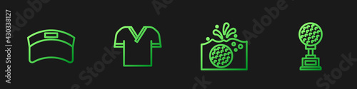 Set line Golf ball in water, Sun visor cap, shirt and Award cup with golf. Gradient color icons. Vector