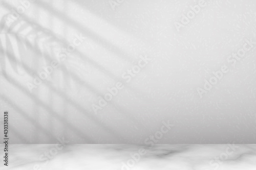 Light from window on wall and floor. White mockup with shadow from blinds and leaf on in room. Mock up empty for design prints. Realistic shade reflected leaves. Overlay effect background. Vector