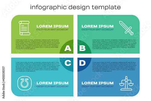 Set line Life, Decree, parchment, scroll, Libra zodiac and Medieval sword. Business infographic template. Vector