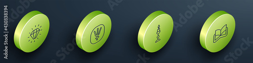 Set Isometric line Diamond, Neptune planet, Burning candle and Ancient magic book icon. Vector