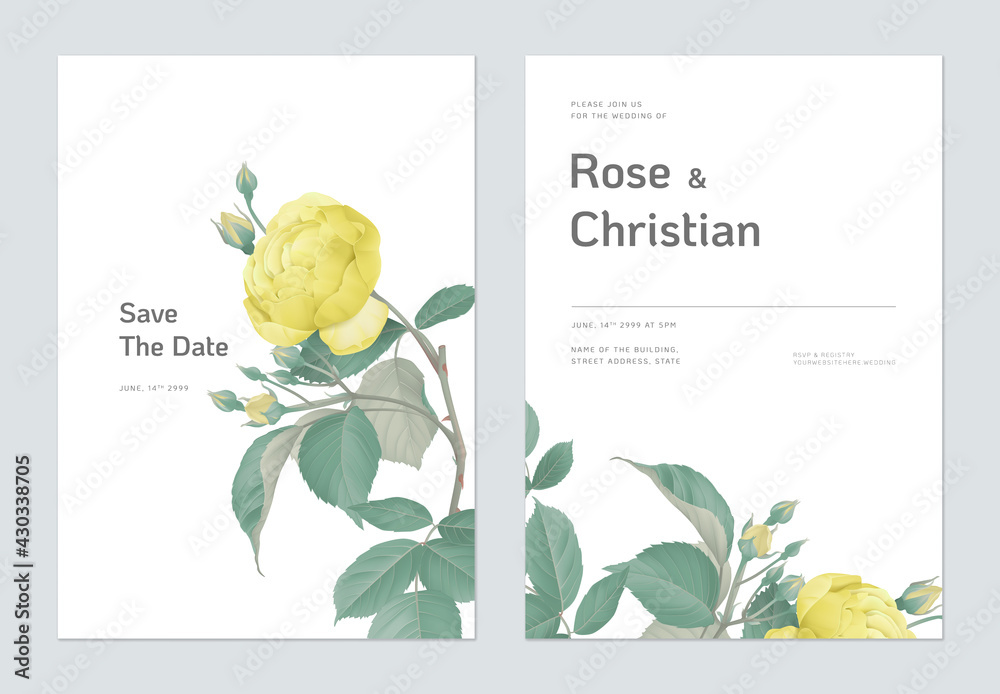 Floral wedding invitation card template design, yellow roses with ...