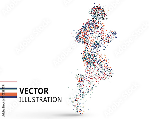 Running man composed of colored dots, vector illustration.