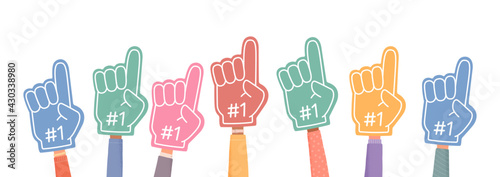 Fan foam fingers. Number 1. Hands up with glove, stadium supporter pride accessory. First place in competition. Vector illustration