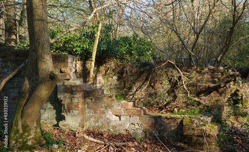 derelict and crumbling brick building deep in the woodlands on Salisbury Plain Wiltshire photo