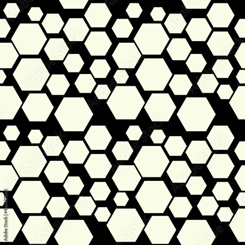 Hexagons and same pattern. Black background and seamless hexagons.