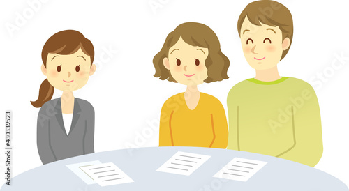 イラスト素材:若夫婦が明るい表情で相談をする場面　 契約　相談　打ち合わせ
