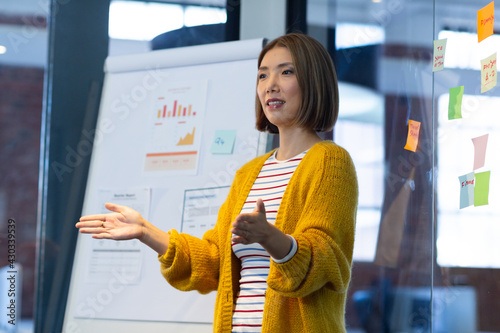 Asian businesswoman standing in front of whiteboard giving presentation in office