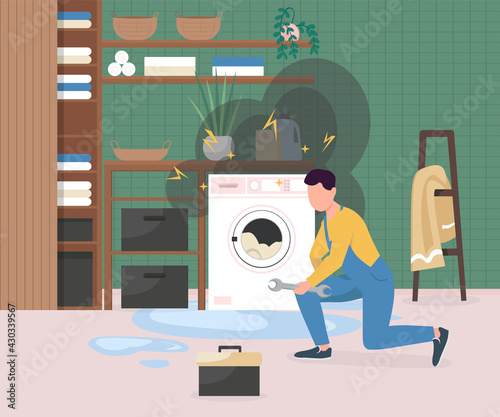 Fixing broken washing machine flat color vector illustration. Man repairing electrical appliance. Home accident. Handyman with wrench 2D cartoon character with bathroom interior on background