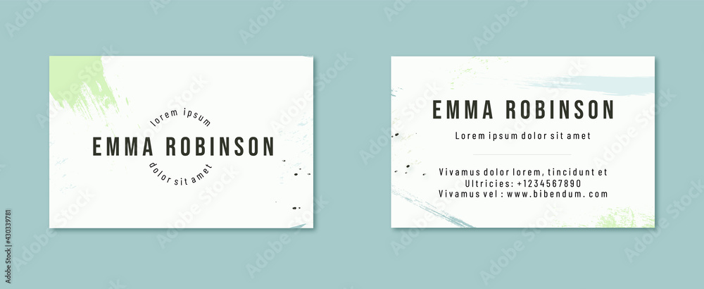 Modern creative and clean business card template.Trend style with paint strokes of green and blue colors. 