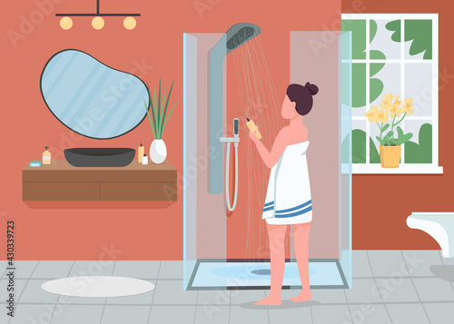 Daily hygiene routine flat color vector illustration. Personal cleanliness. Shower with running water. Woman in bathrobe with shampoo bottle 2D cartoon character with bathroom interior on background