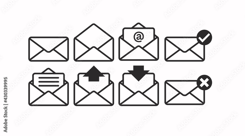 Mail Icon Set. Vector black and white isolated illustration of mail signs