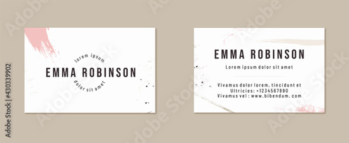 Modern creative and clean business card template.Trend style with paint strokes of beige and pink colors. 
