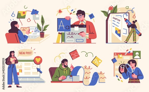 Professional Writer, bloggers, journalists, screenwriter, copywriter, author concept illustration set. Creative people writing texts. Vector illustration
