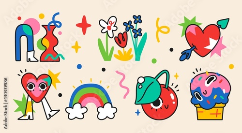 Collection of crazy Abstract comic characters elements and shapes. Bright colors Cartoon style. Vector Illustration
