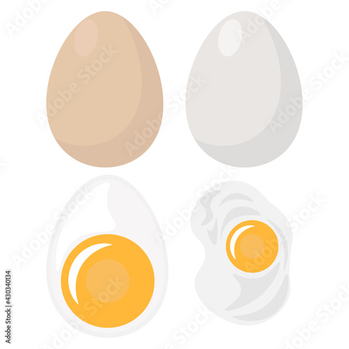 Set of eggs and scrambled eggs on a white isolated background. Vector illustration on the theme of food.
