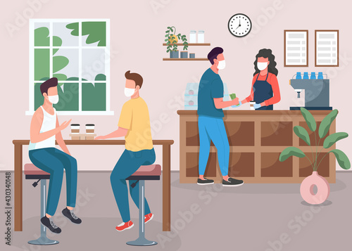 Coffee shop during pandemic flat color vector illustration. Friends drink tea. Espresso bar. Customers and barista in medical masks 2D cartoon characters with cafeteria interior on background