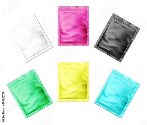 Blank sachet packet with tear notches - realistic vector mock-up. Individual packaging pouch bag - color mockup set. Easy to recolor