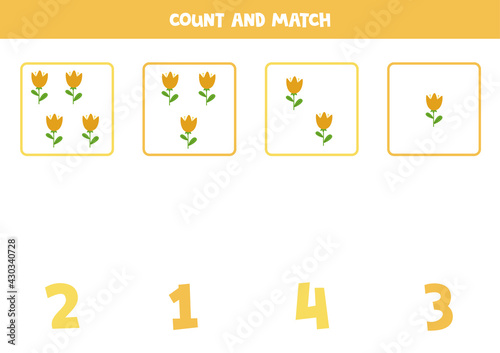 Counting game with cute flowers. Math worksheet.