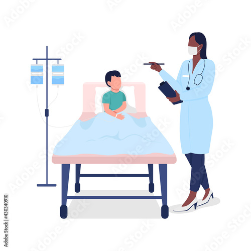 Doctor with child patient flat color vector faceless character. Medical treatment. Recovery in hospital. Healthcare isolated cartoon illustration for web graphic design and animation