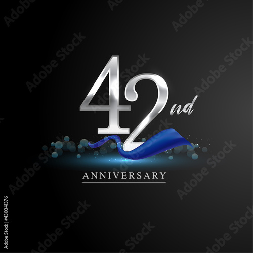 42nd silver anniversary logo with blue ribbon isolated on elegant background, sparkle, vector design for greeting card and invitation card.