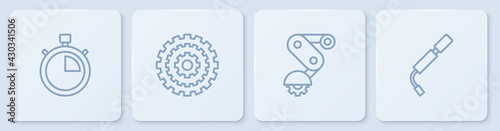 Set line Stopwatch, Derailleur bicycle rear, Bicycle cassette and air pump. White square button. Vector