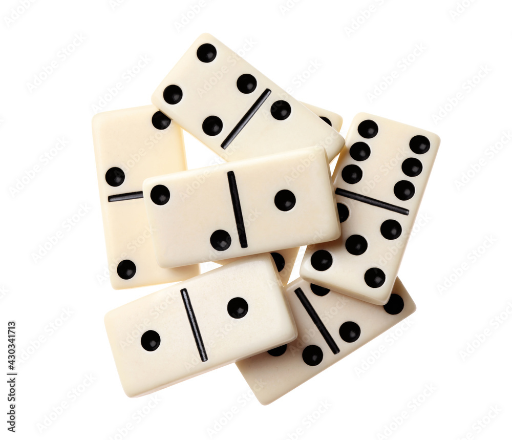 Pile of classic domino tiles on white background, top view Pile of classic domino tiles on white background, top view