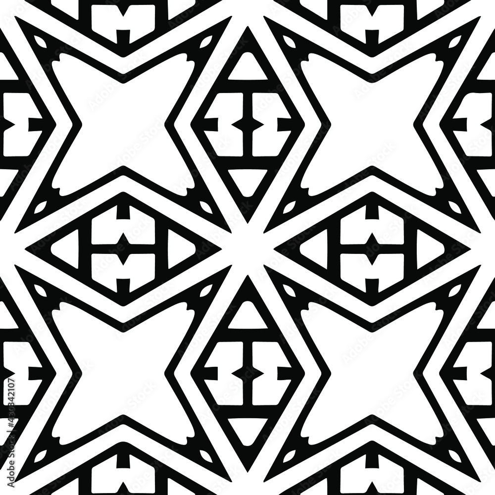  Geometric vector pattern with triangular elements. Seamless abstract ornament for wallpapers and backgrounds. Black and white colors.