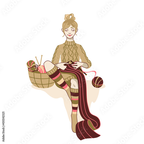 YOUNG WOMAN KNITS A SCARF  NEEDLES SKEINS YARN VECTOR ILLUSTRATION