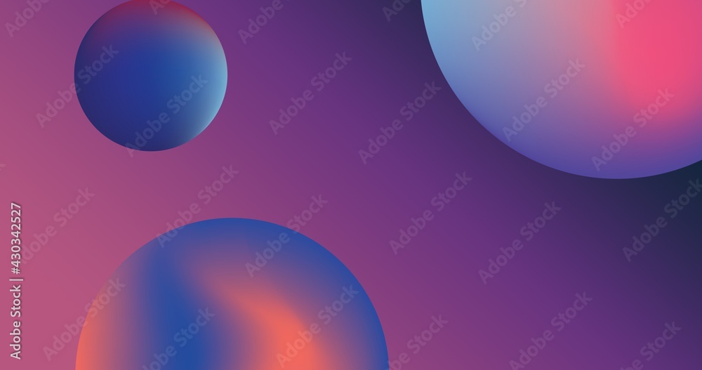 Composition of three gradient pink to blue spheres on pink to purple background