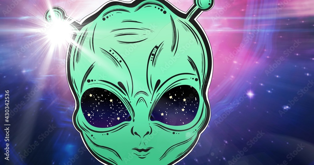 Naklejka premium Composition of green alien's face and glowing light over stars on pink to purple background