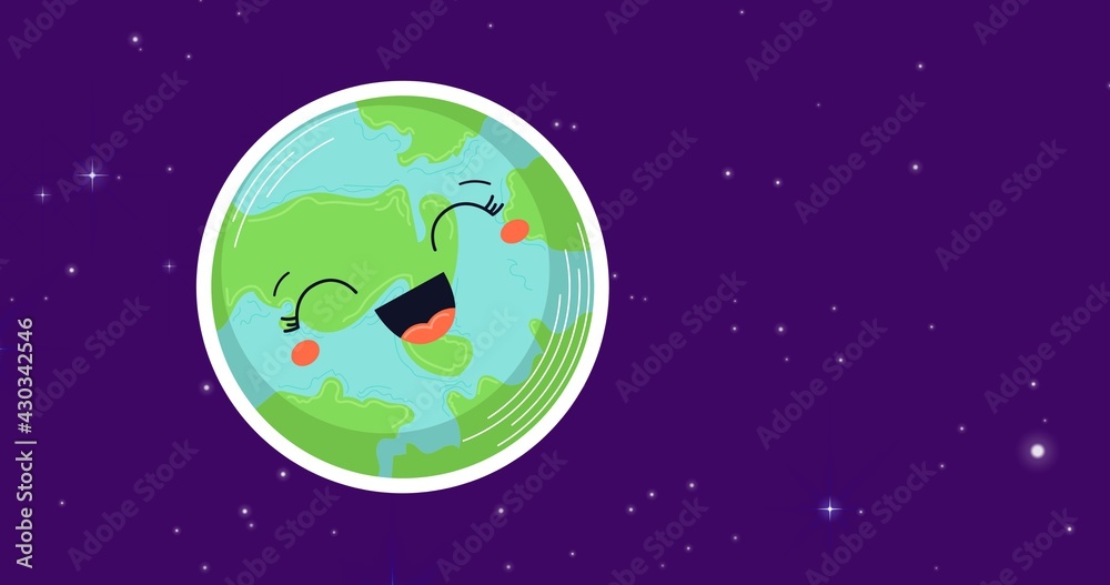 Naklejka premium Composition of smiling planet earth over stars on dark purple background