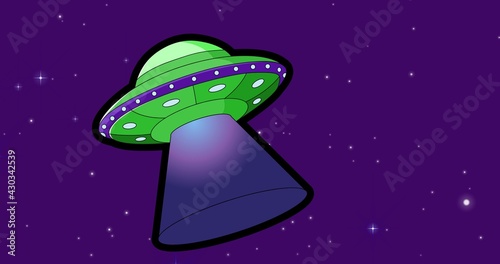 Composition of green and purple spaceship over stars on dark purple background