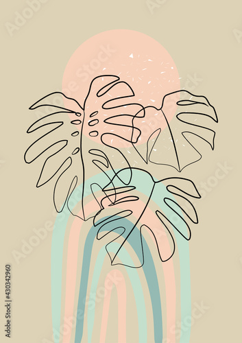 Boho style print with line art tropical leaves and boho rainbow on background. Pastel neutral colors. Stock vector illustration. photo