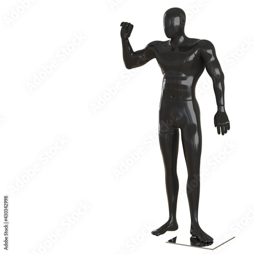 A male black abstract mannequin with a raised hand on a white background. 3d rendering