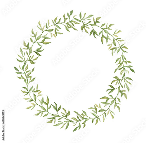 Watercolor wreath with green small leaves. Elegant simple nature ornament. Summer decorative frame for wedding invitation, greeting, cards.