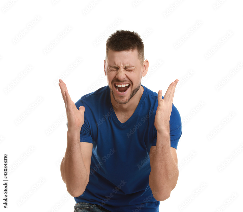 Angry man yelling on white background. Hate concept