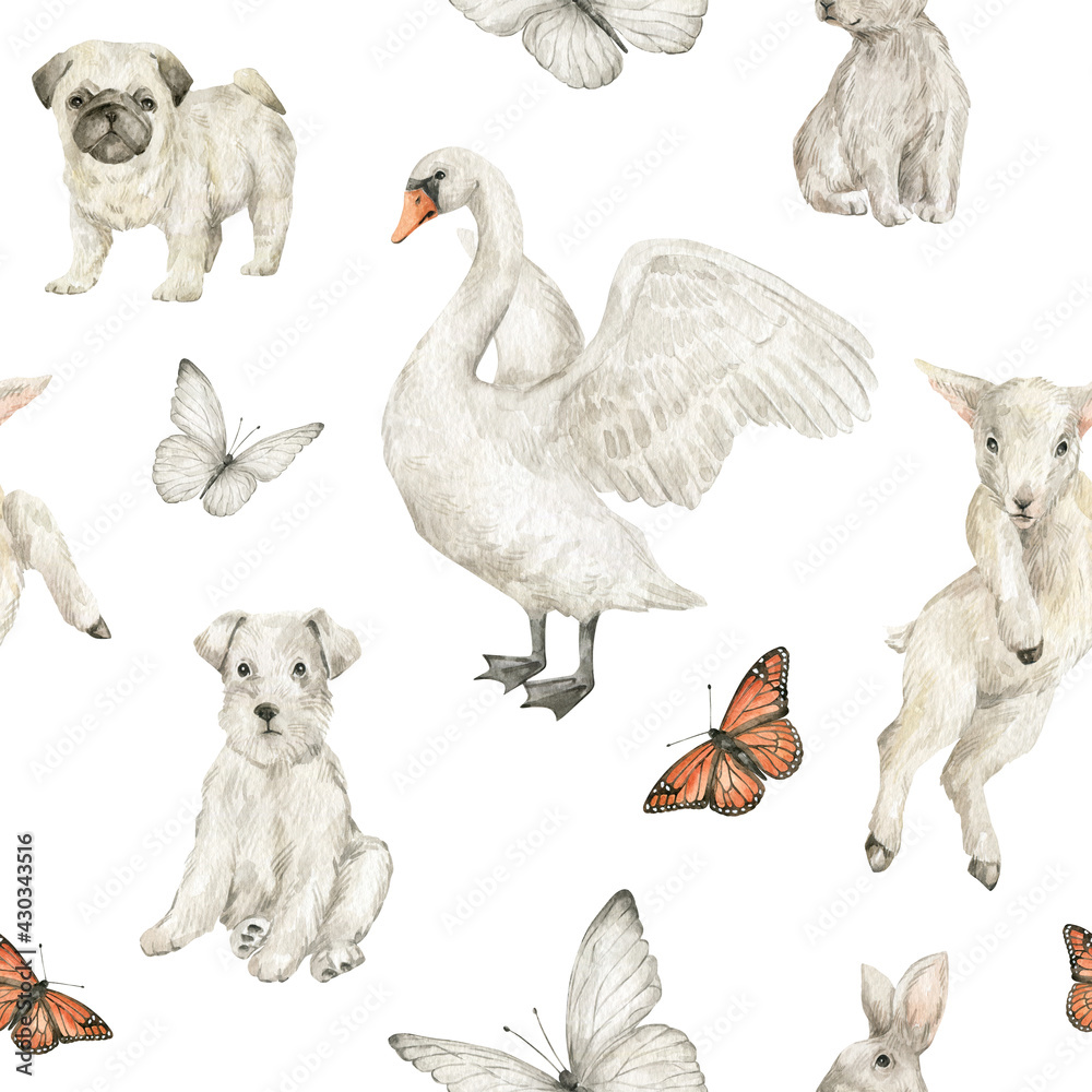 Naklejka premium Watercolor seamless pattern with cute farm animals and butterfly. Adorable swan, dog, pug, schnauzer, lamb. White rural pets