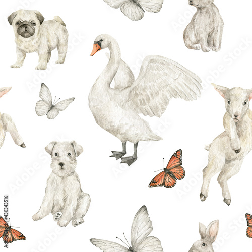 Watercolor seamless pattern with cute farm animals and butterfly. Adorable swan, dog, pug, schnauzer, lamb. White rural pets
