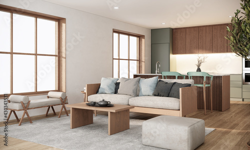 Japandi style apartment. room interior design with wooden furniture. 3d rendering background photo