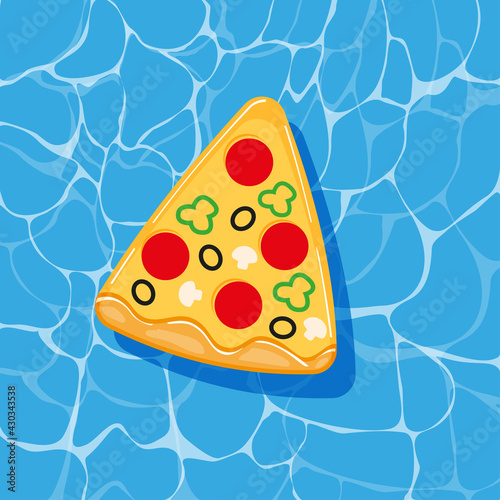Pool infantable pizza mattress place on water texture. Summer beach element vector illustration in a cartoon flat style isolated on white background. © budolga
