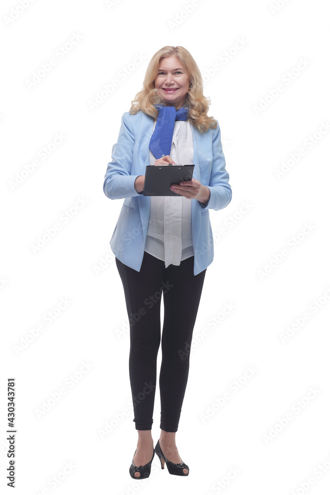 in full growth. Mature woman with clipboard . in full growth. Mature woman with clipboard .