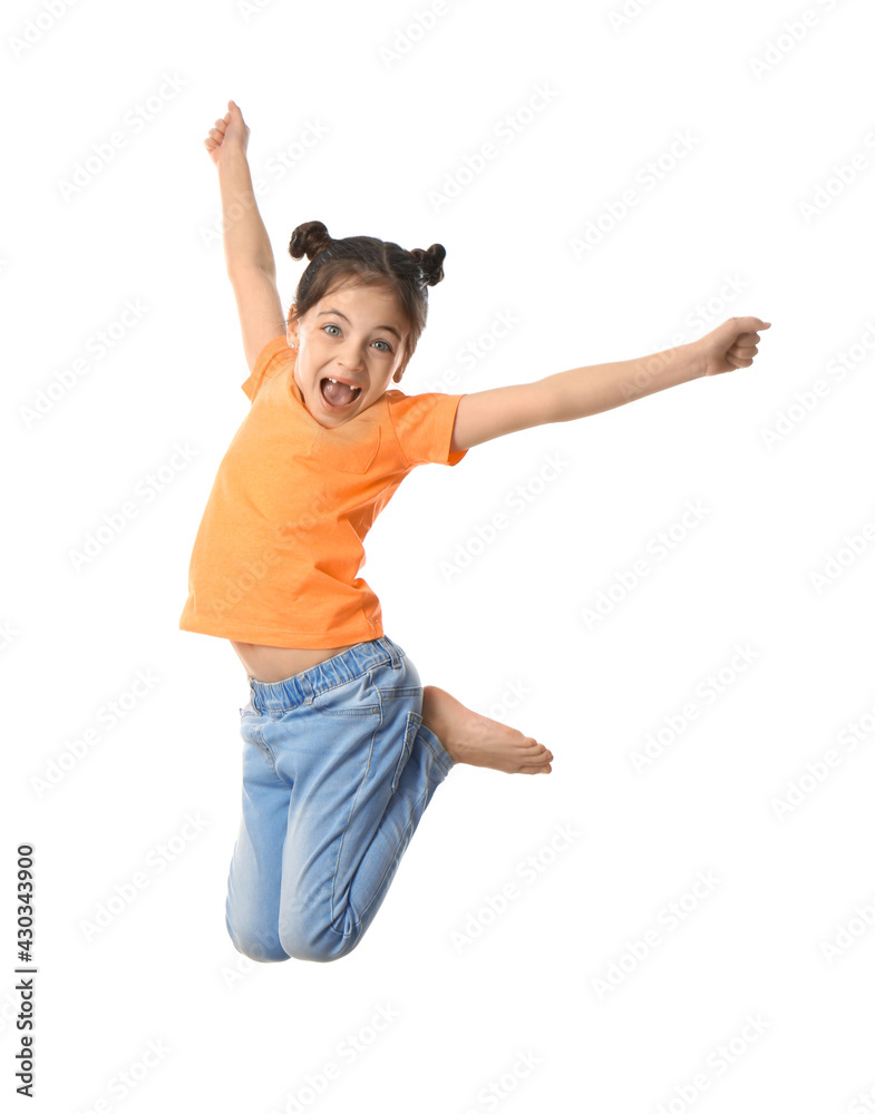 Cute little girl jumping on white background Cute little girl jumping on white background