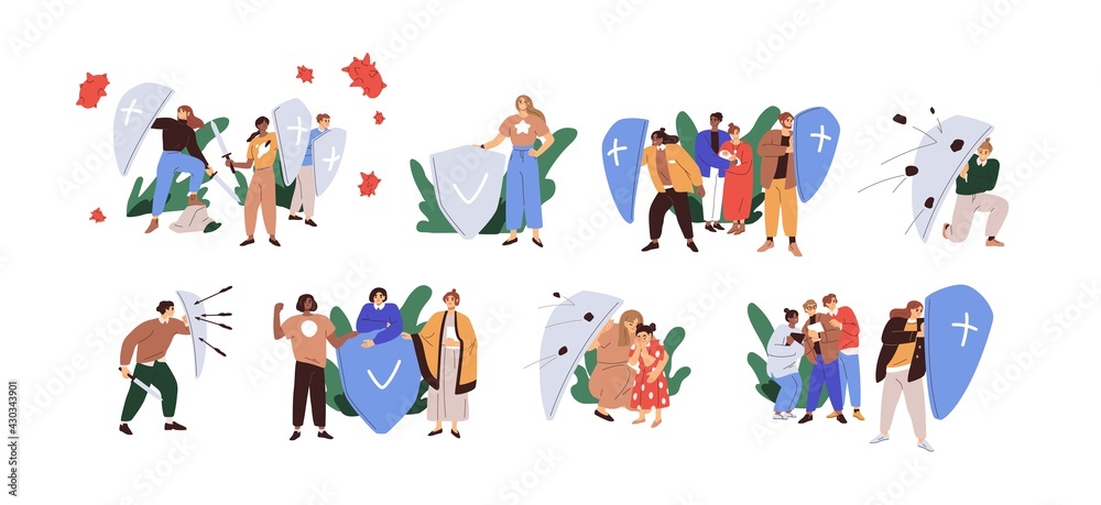 Set of people with shields protecting from dangers. Concept of defense, insurance, safety, risk protection and attack resistance. Colored flat graphic vector illustration isolated on white background