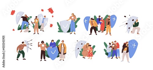 Set of people with shields protecting from dangers. Concept of defense, insurance, safety, risk protection and attack resistance. Colored flat graphic vector illustration isolated on white background